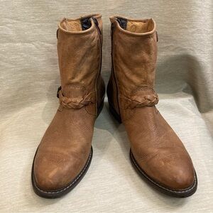 PAUL GREEN Sz 8.5 Distressed  Braided Buckle Zipper Closure Leather Boots